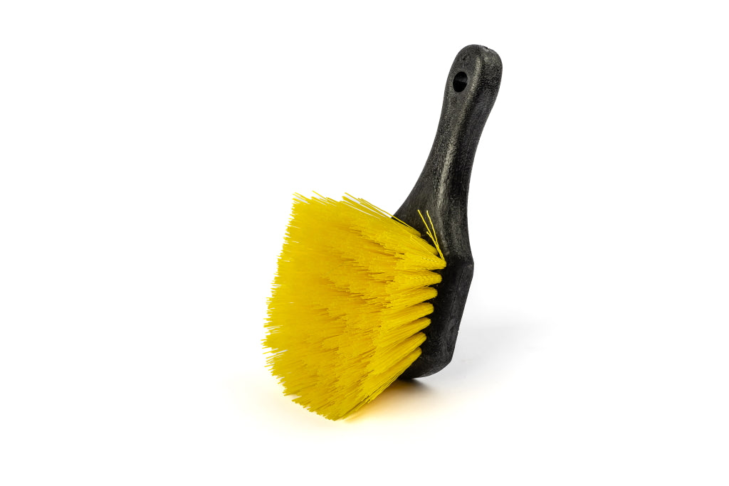 9 inch Short Handle Wheel Brush with 2 inch Stiff PVC Bristles-Yellow